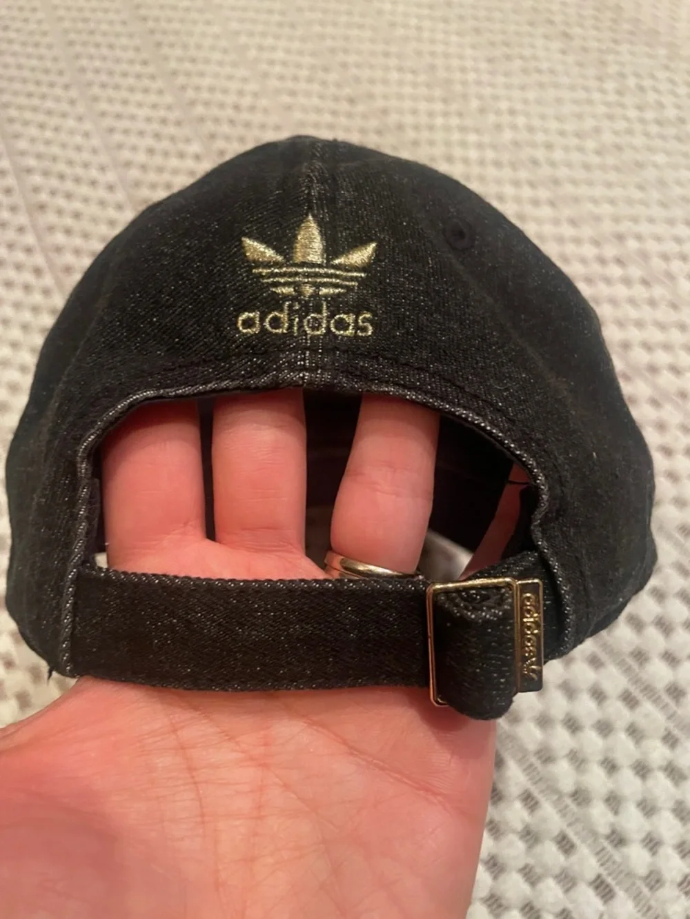 Adidas Trefoil Hat Black Denim Gold Logo Baseball Cap Adjustable Streetwear